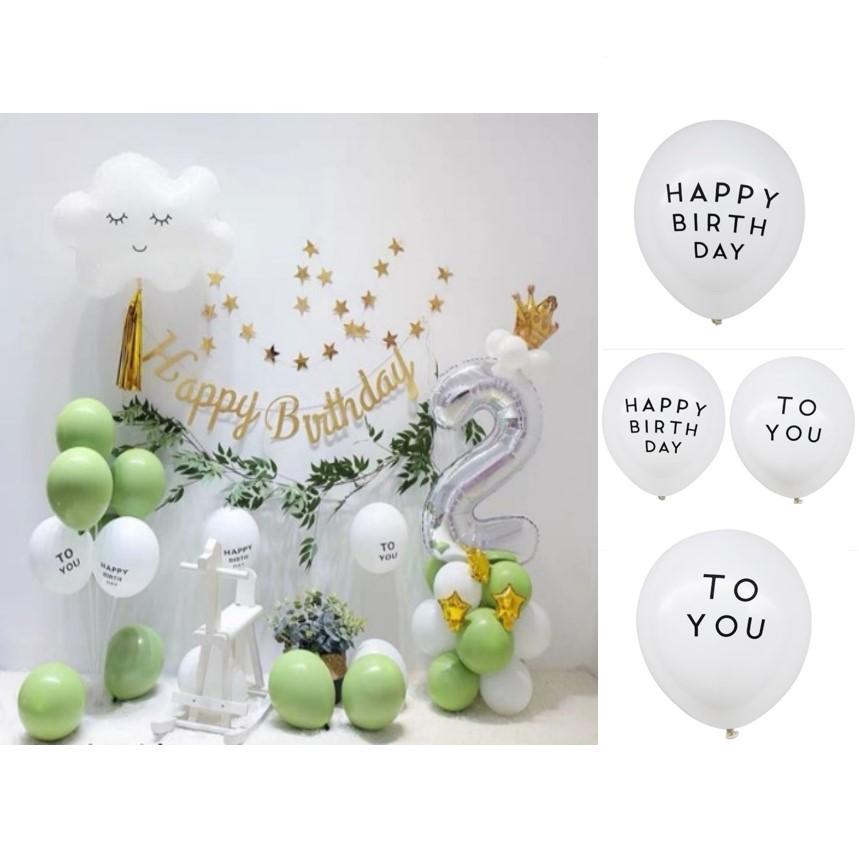 Bong bóng trắng in Chữ Happy Birtdhay, Bong bóng trắng in To You, Bong bóng trang trí sinh nhật Hàn Quốc Hot Trend2022