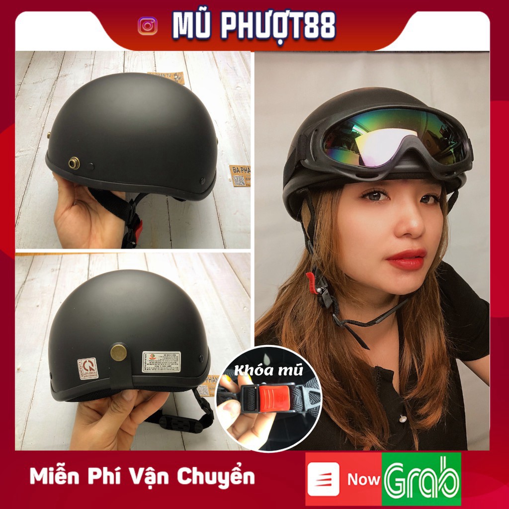 Mũ bảo hiểm nửa đầu 1/2 có kính tem Đen nhám, Nón bảo hiểm nửa đầu FREE SIZE, CHUẨN CHẤT LƯỢNG CAO