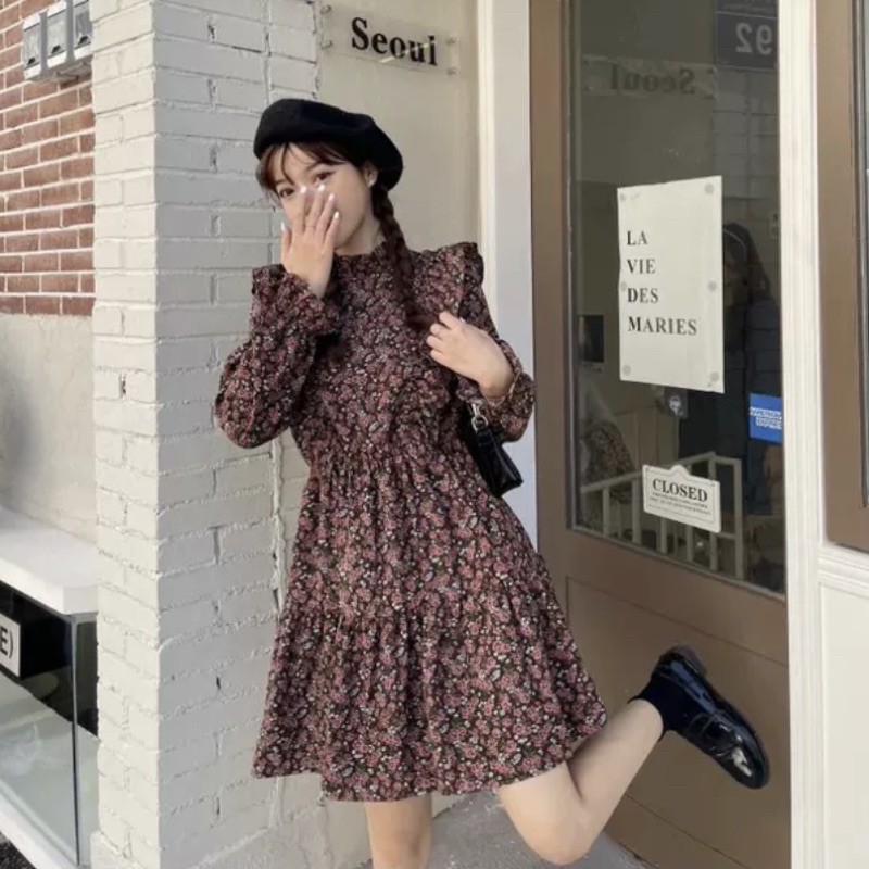 Váy hoa nhí dáng ngắn tông màu vintage cổ trụ bèo ngực VKE9297 Ulzzang style 🌸 Hàng Quảng Châu