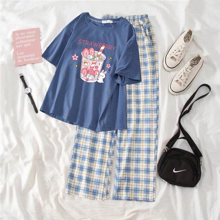 Sét Áo Nước dâu + quần kẻ xanh, Áo thun from rộng, Chất đẹp không xù, quần suông ống rộng, Sét bộ mặc ở nhà - MODY