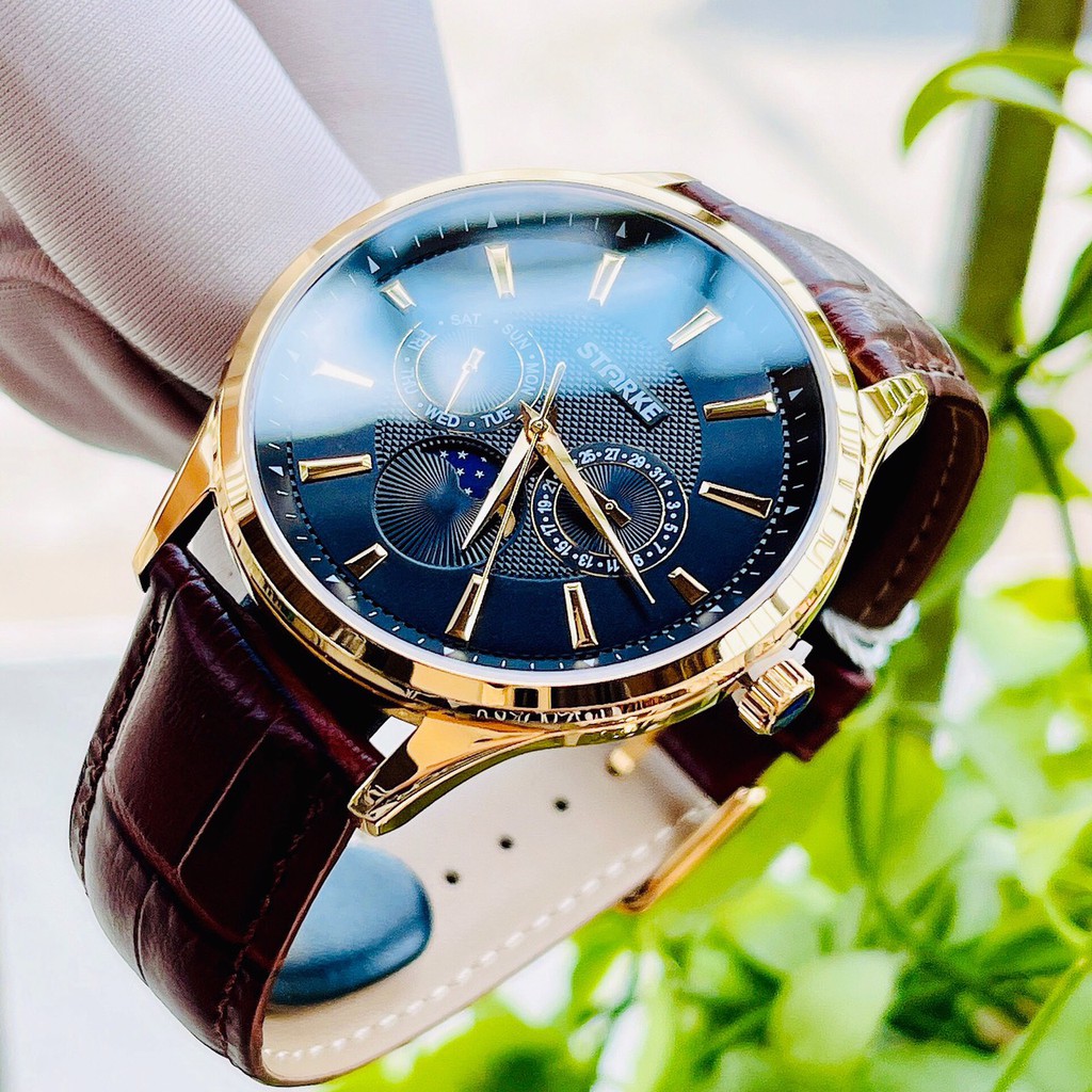 Đồng Hồ Nam Starke Chính Hãng Moonphase Mặt Đen Chống Xước, Chống Nước