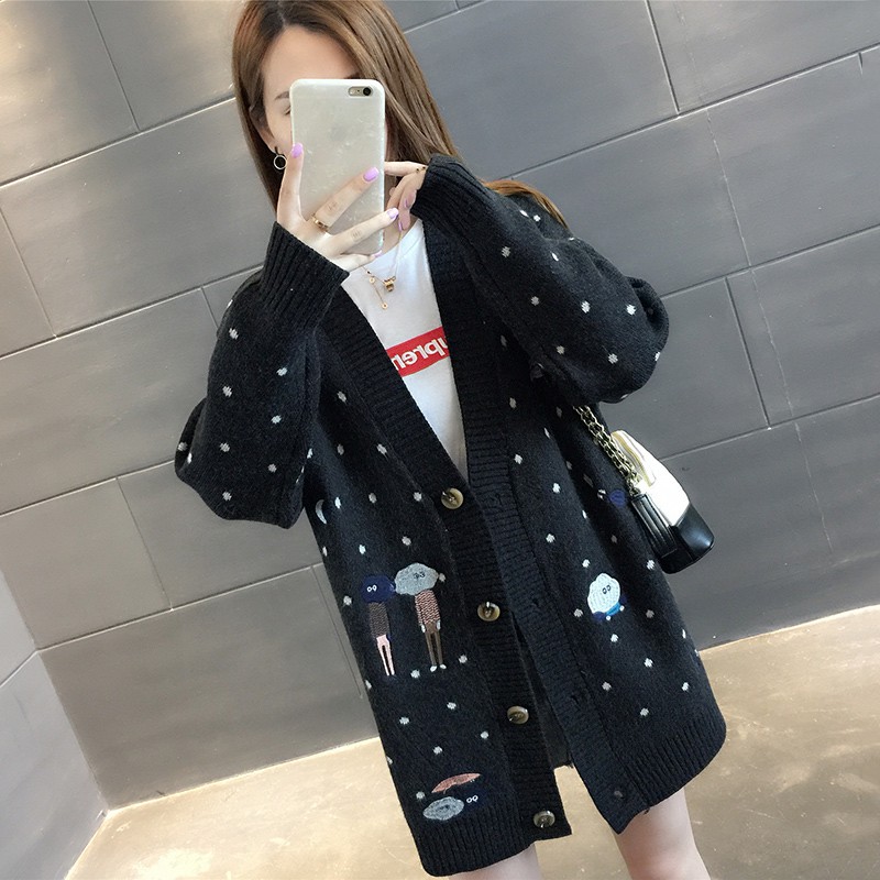 (ORDER) Áo khoác len cardigan cổ V form rộng dài họa tiết chấm bi vintage kiểu Pháp (NEW ARRIVALS)