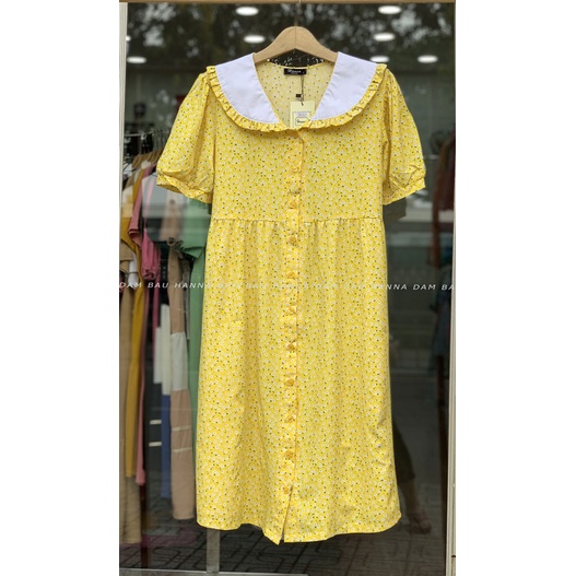 [HANNA] Đầm bầu công sở hoa nhí vải lụa cao cấp mềm mát không nhăn có size 80kg tay kiểu dễ thương dài đến gối có túi