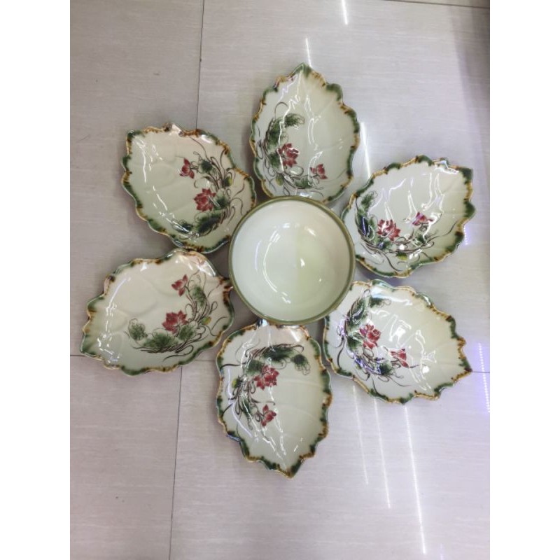 Bộ đĩa hoa mặt trời Lá Bàngi gốm sứ Bát Tràng hàng đẹp, bộ đĩa gốm Vẽ tay hoa Sen hàng Nghệ Nhân