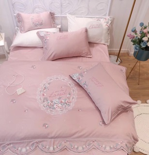 Set Lụa Cưới Thêu Hoa Hồng Nhạt Tiểu Thư