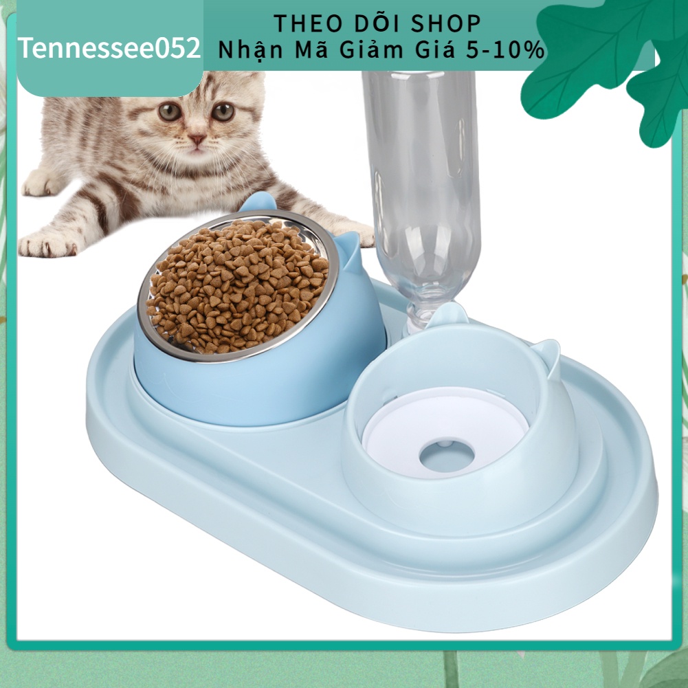 Bát ăn ngăn đôi đựng thức ăn nước uống có khay inox tự động cho thú cưng
