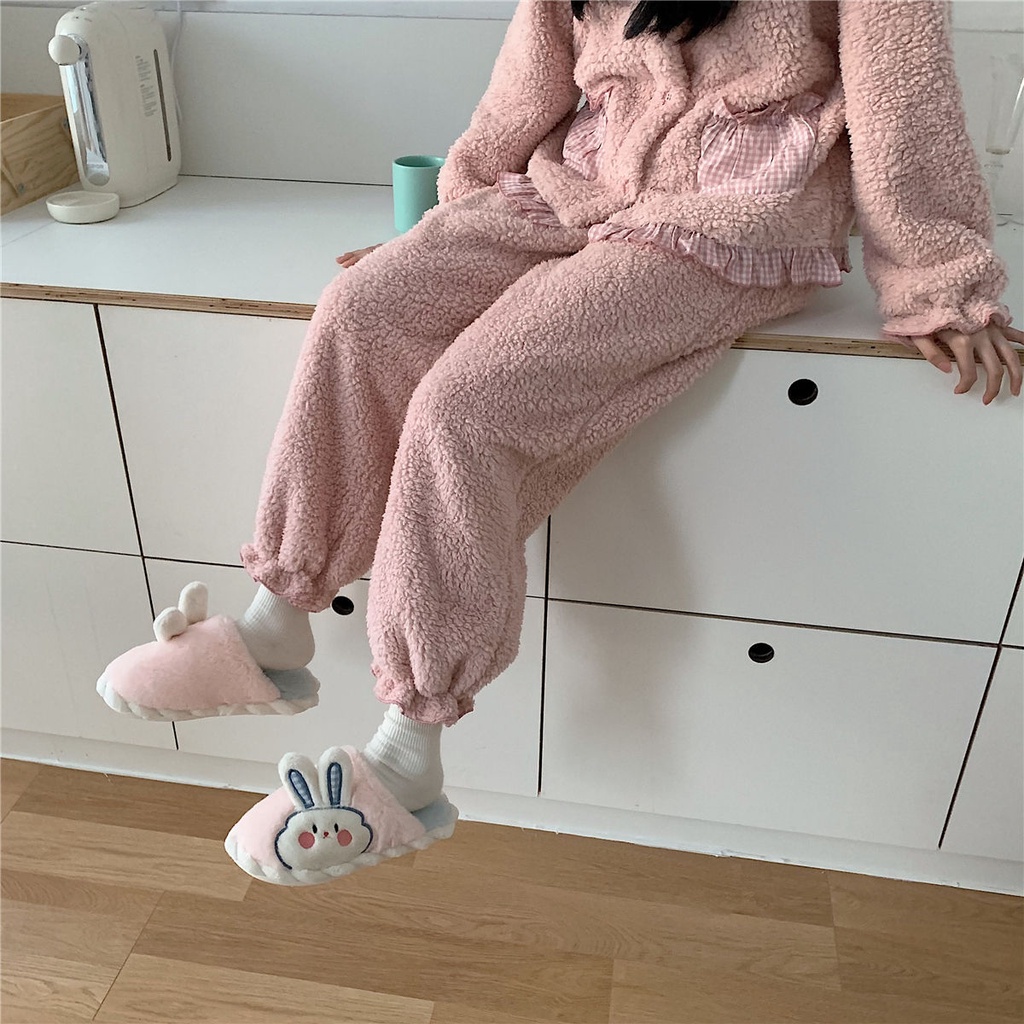 Dép bông thỏ trắng đi trong nhà hồng nam nữ có tai cute đế xốp chống trượt