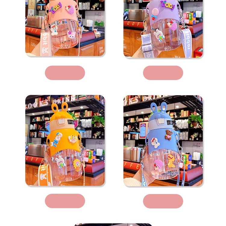 Bình nước 600ml tai thỏ kèm stickers, có ống hút, dây đeo cho bé đi học, đi chơi