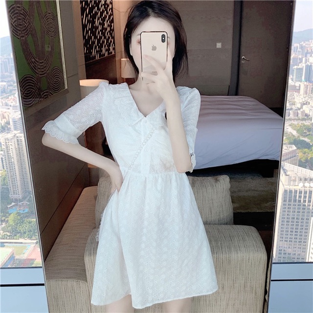 Váy trắng nữ cổ V ulazang - hàng cao cấp kèm video ảnh thật