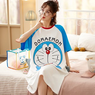 Bộ Đồ Ngủ Cotton Ngắn Tay In Họa Tiết Mèo Doraemon Thời Trang Hè 2021 Cho Nữ
