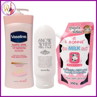 Dưỡng thể vaseline + kem dưỡng snow white secret key + muối tẩy tế bào chết a bonne (combo)