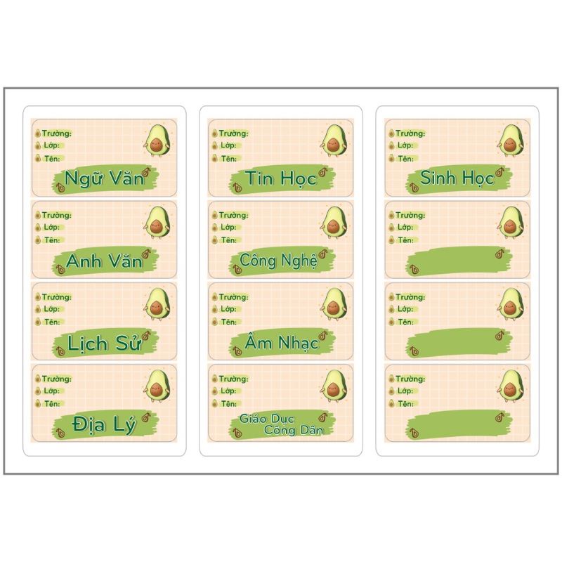 24 nhãn vở in sẵn tên từng môn học cấp 2, 3