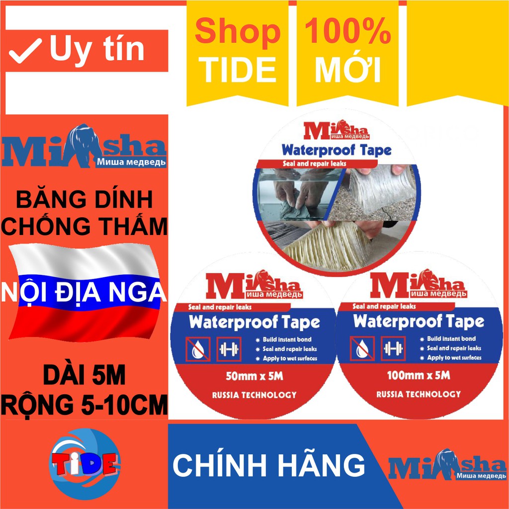 Băng dính chống thấm Misha 10cm/5cm x 5M – Băng kéo chống thấm dột – Bịt rò rỉ ống nước – Sản phẩm nội địa Nga