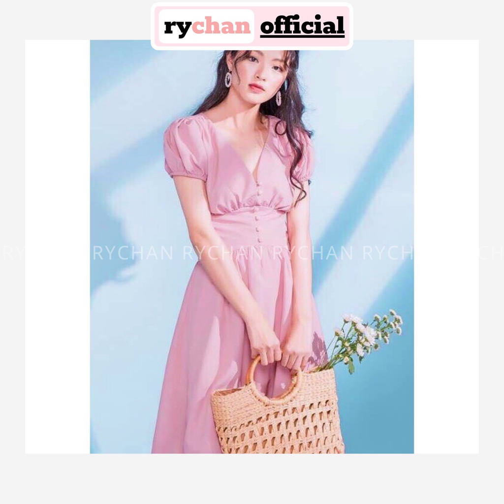 Đầm Xoè Hồng Cổ V Nút Bọc Tay Phồng - DX073