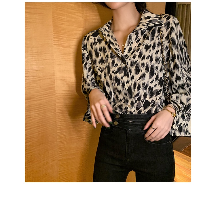 COZOK Áo sơ mi Chiffon tay phồng dáng rộng in họa tiết da báo kiểu Hồng Kông thời trang