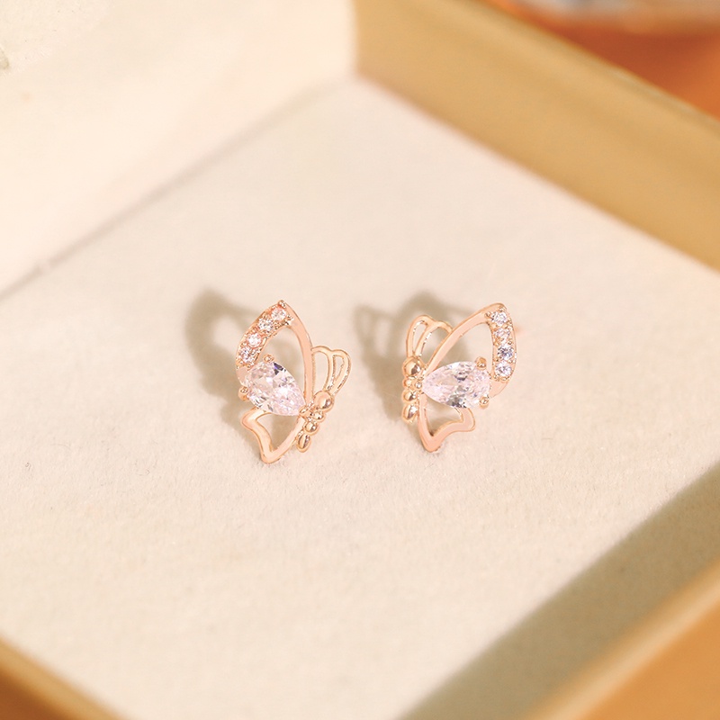 Bông tai JIUDUOLAN ruy băng đính đá zircon màu vàng hồng hình bướm tinh tế thời trang cho nữ
