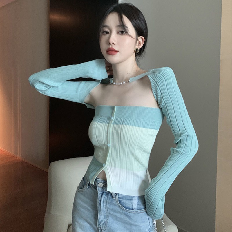Bộ Áo Ống Màu Tương Phản + Khăn Choàng Lụa Dệt Kim Thời Trang Hàn Quốc Cho Nữ