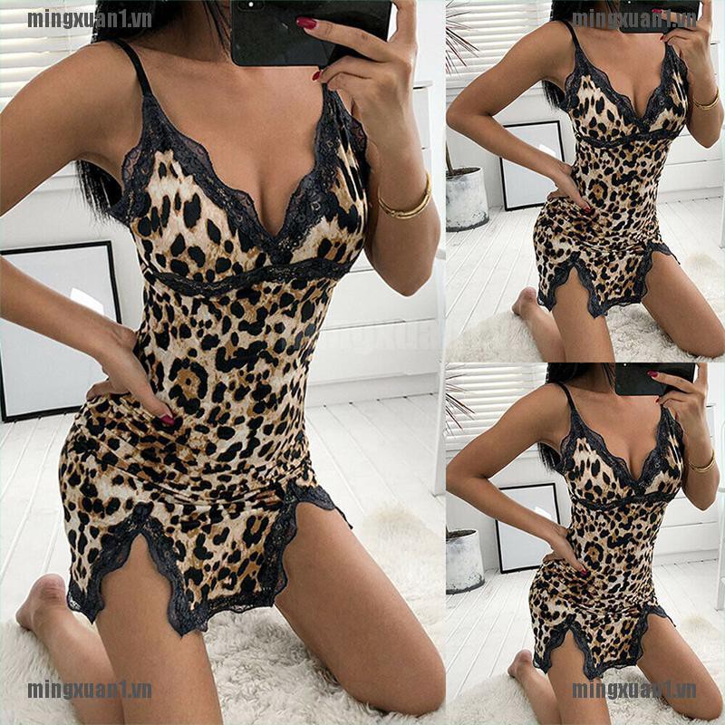 MINON Womens Leopard Nightdress Sexy Lingerie Lace Nightwear Sleepwear Dress Underwear VN