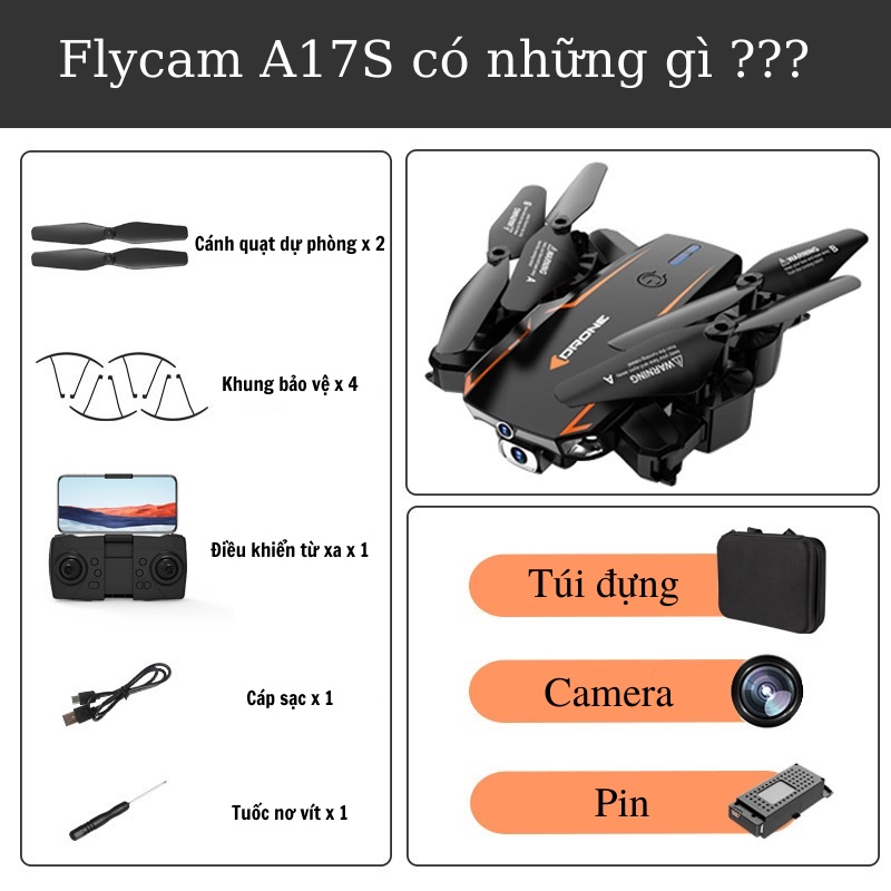 Flycam mini A17S ống kính wifi FPV 4K HD, máy bay điều khiểu từ xa mini có camera tránh chướng ngại vật thông minh