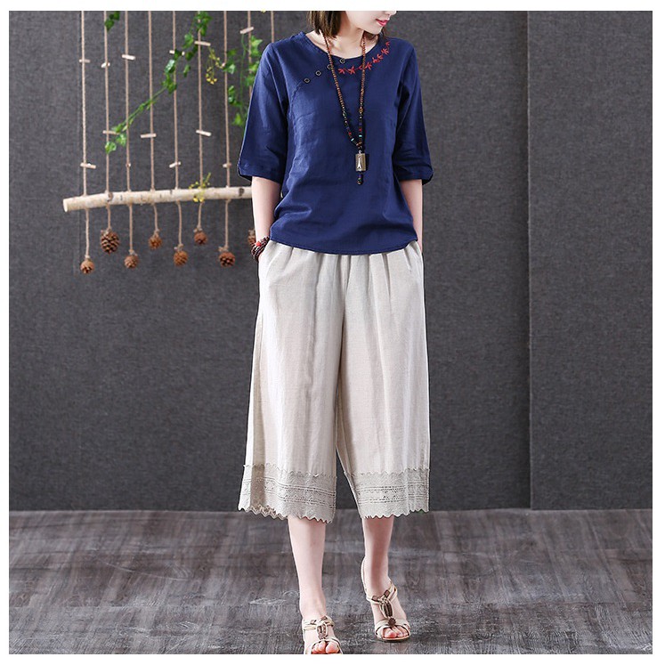 Áo trung niên vải linen theo hoa đơn giản freesize