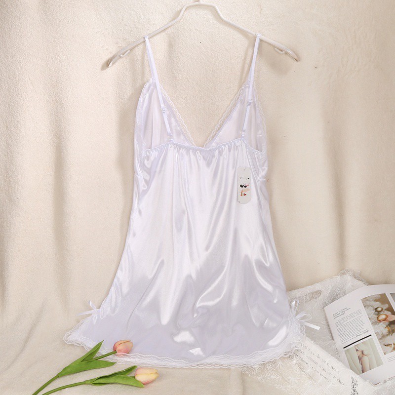Bộ đầm ngủ áo dây vải lụa cổ chữ v thời trang nữ phối ren | BigBuy360 - bigbuy360.vn