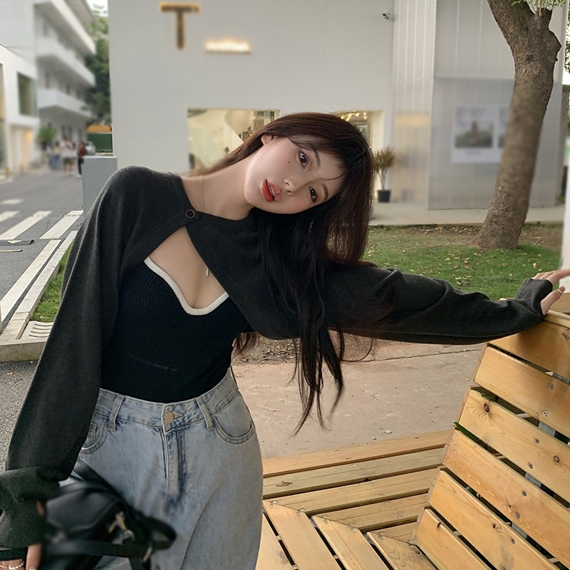 Bộ Áo Croptop Dệt Kim Ngắn 2 Món + Áo Hai Dây Màu Khối Thời Trang Cho Nữ