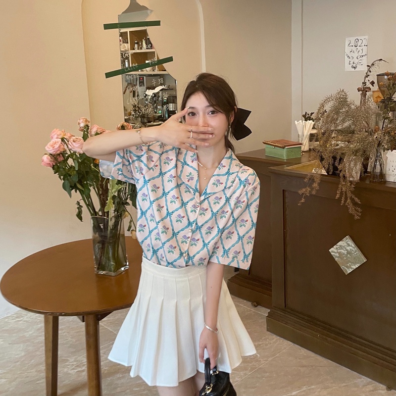 Áo sơ mi ZHELIHANGFEI ngắn tay cổ bẻ họa tiết hoa phong cách sang trọng dễ phối đồ