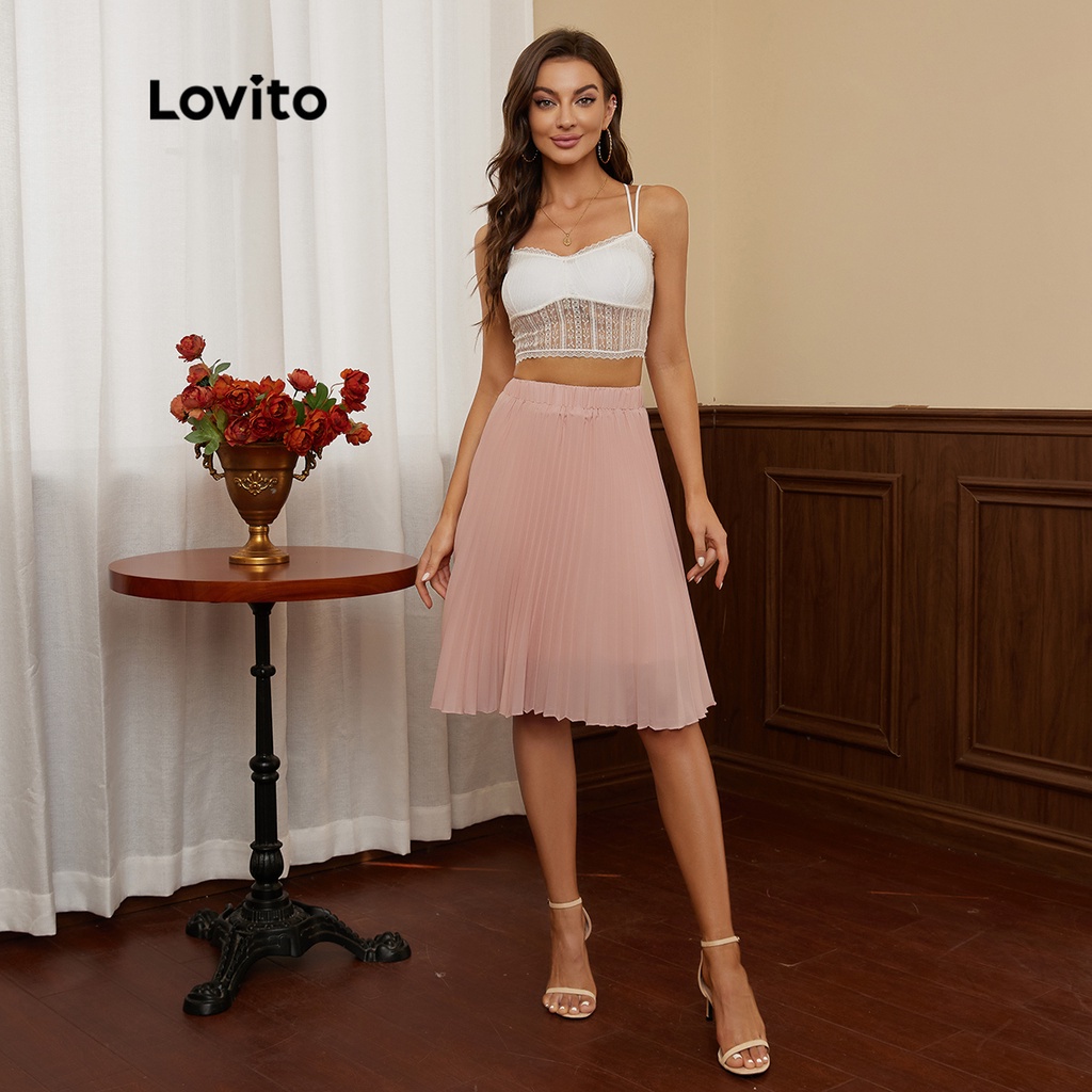 Chân váy chữ A Lovito màu trơn xếp ly nhun thun lãng mạn L17X390 (màu hồng)