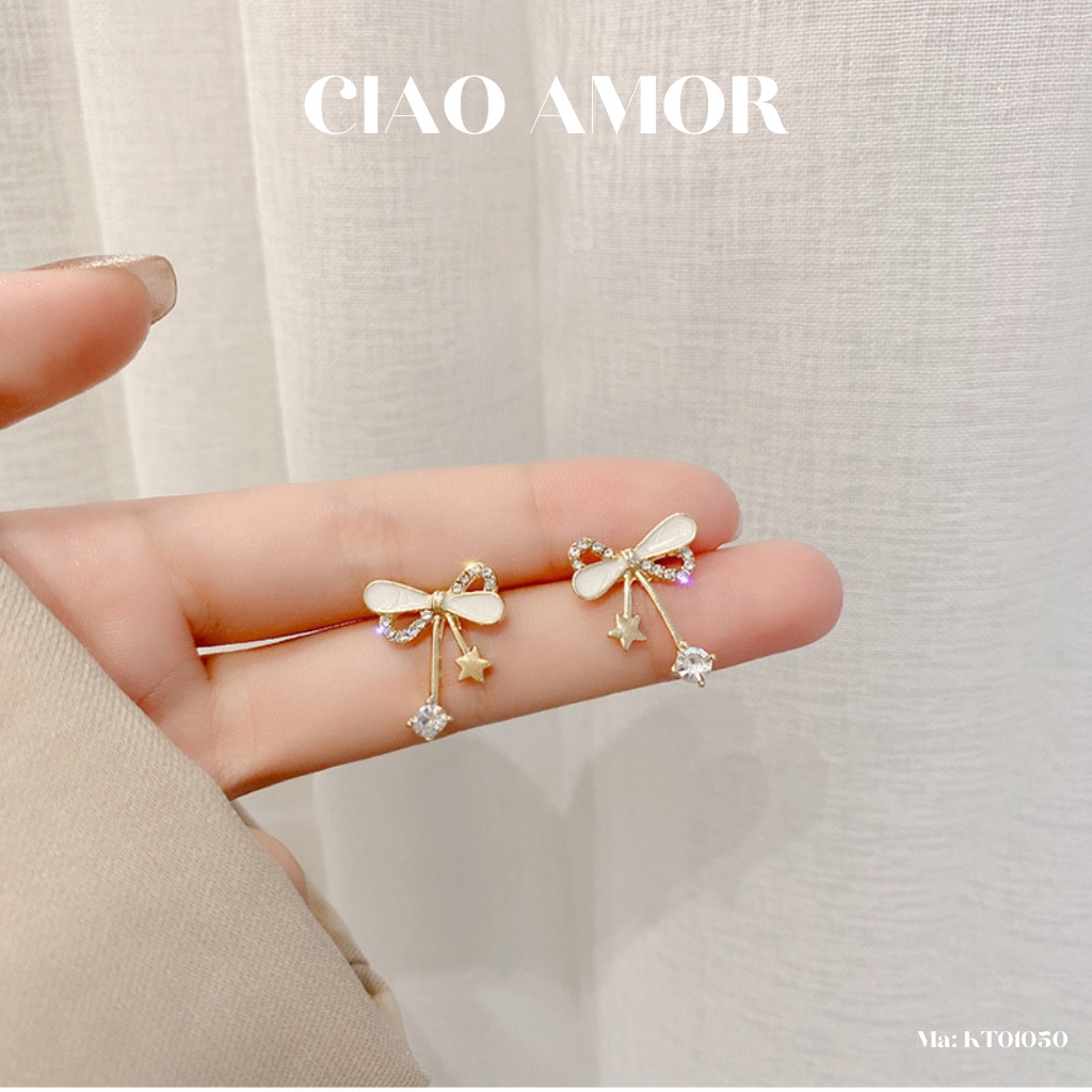 KT0149-Khuyên tai nữ, hoa tai ngắn nơ xà cừ dễ thương Trang sức Ciao Amor