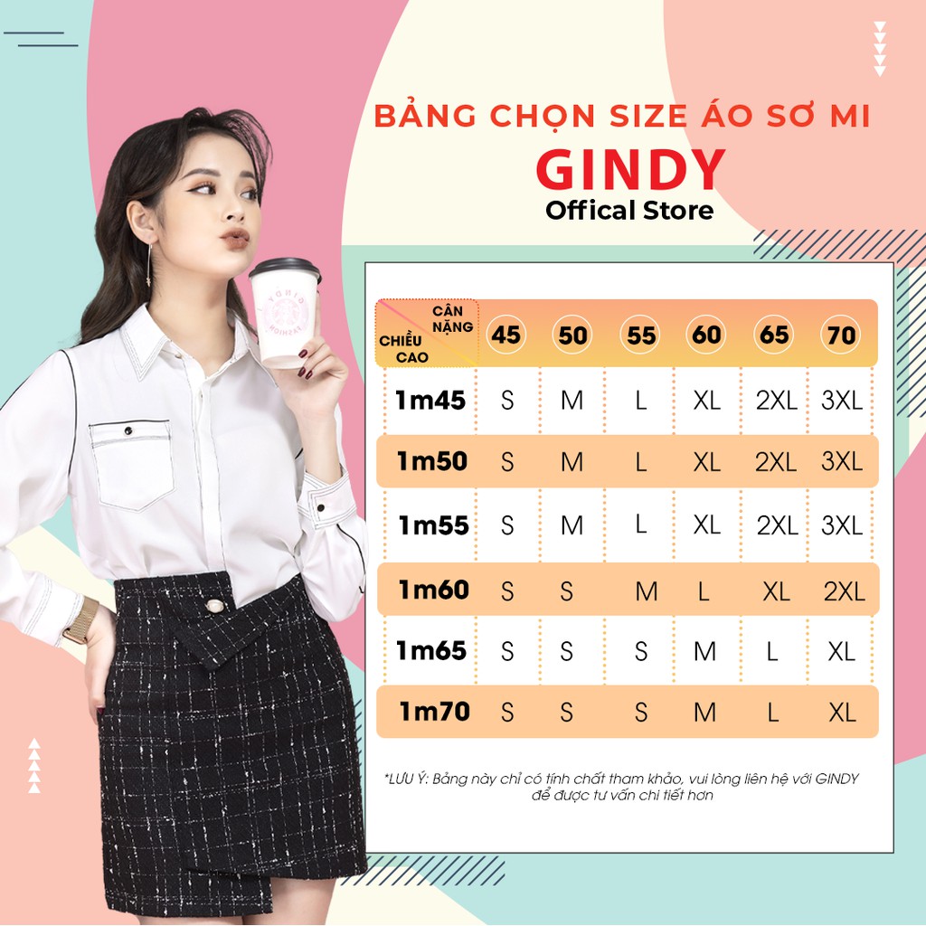 Áo sơ mi nữ lụa trượt tằm GINDY cổ bẻ viền thêu có túi dáng basic suông màu trắng thời trang công sở, học sinh A10035