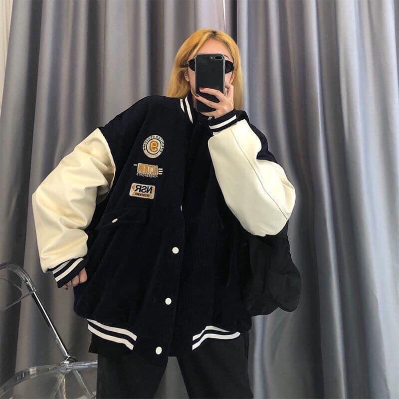 ÁO BOMBER NHUNG PHỐI TAY THÊU LOGO ( tay be thân đen )