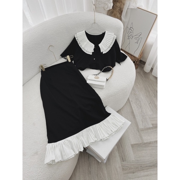 SET ÁO CROPTOP ĐEN CỔ SEN TRẮNG + CHÂN VÁY MIDI ĐEN BÈO