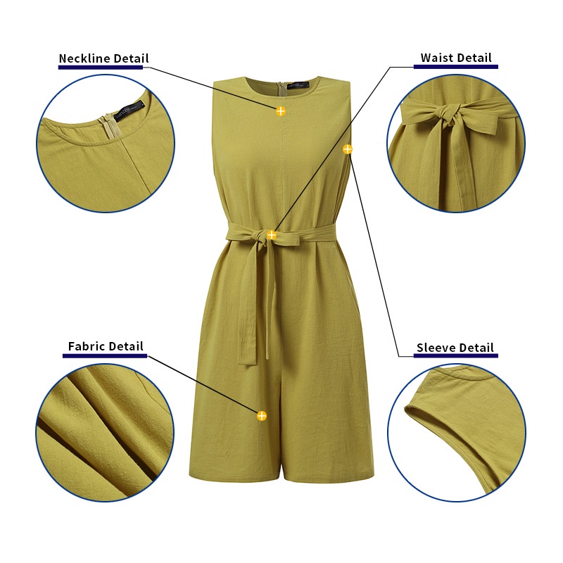 Áo liền quần ZANZEA không tay màu trơn có túi và thắt lưng thời trang dành cho nữ