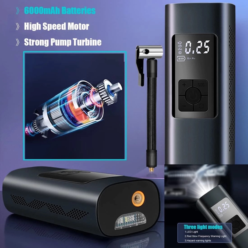 Bơm Lốp Ô Tô Xe Máy Đồng Hồ Điện Tử Mini Sạc Pin, Cắm Điện Nhỏ Gọn Tiện Lợi