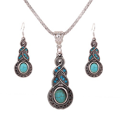 Set dây chuyền + Bông tai đính đá ngọc lam