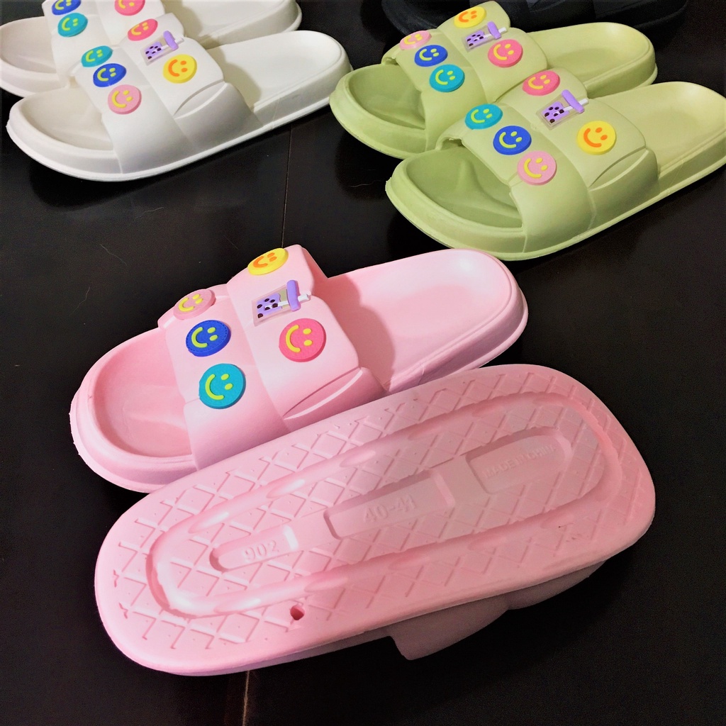 Dép nữ dễ thương, quai ngang, dép bánh mì, đế cao, sticker, hình dán, trà sữa, hồng, xanh bơ, êm chân, size lớn, slipper