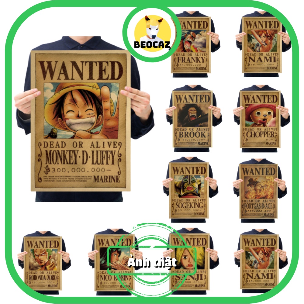 Poster Truy Nã Team Mũ Rơm Onepiece kích thước lớn 51 x 35.5 in độ nét cao set 11 mẫu in giấy kraft vàng - Wanted Poster