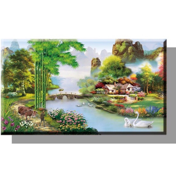 Tranh Đính Đá LÀNG QUÊ THANH BÌNH (ĐÁ ABC CAO CẤP). Kích Thước: 80cm x 50cm