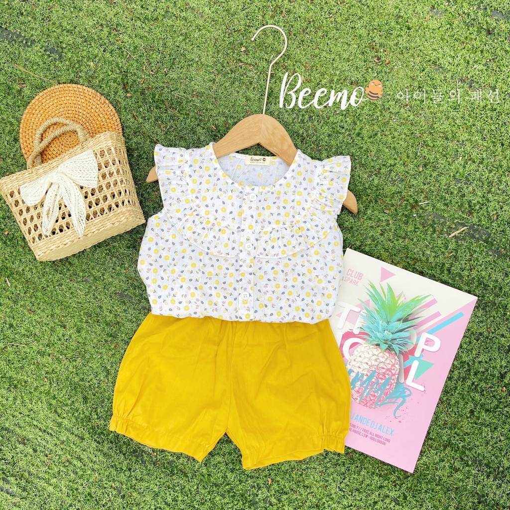 Set bộ đồ Beemo vải thô Hàn thoáng mát hình hoa nhí yếm bèo bé gái từ 1 đến 6 tuổi- 22B002