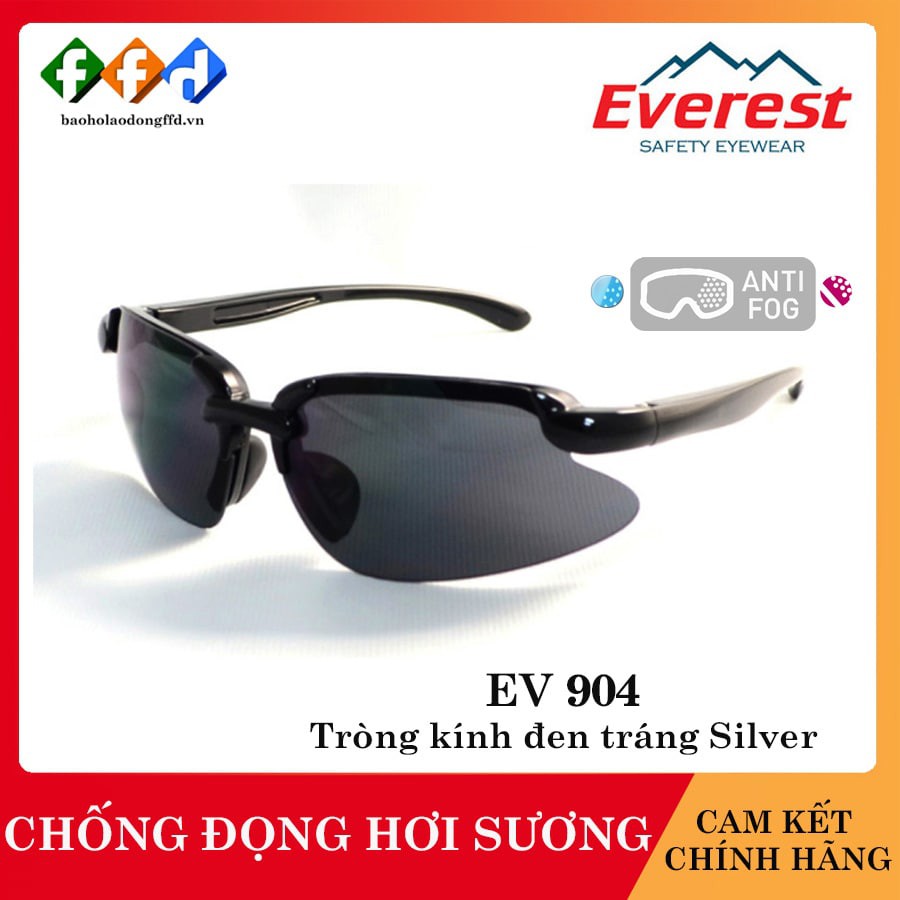 Kính bảo hộ Everest EV904 mắt kính đen tráng bạc,đệm mũi Silicon,Kính chống tia UV,Chống bụi,Chống đọng sương,bảo vệ mắt