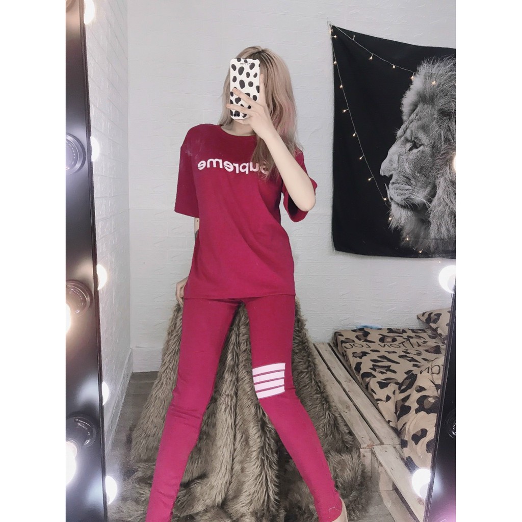 set bộ thể thao quần legging ôm dáng 4 sọc quần ảnh thật thun thái xinhh