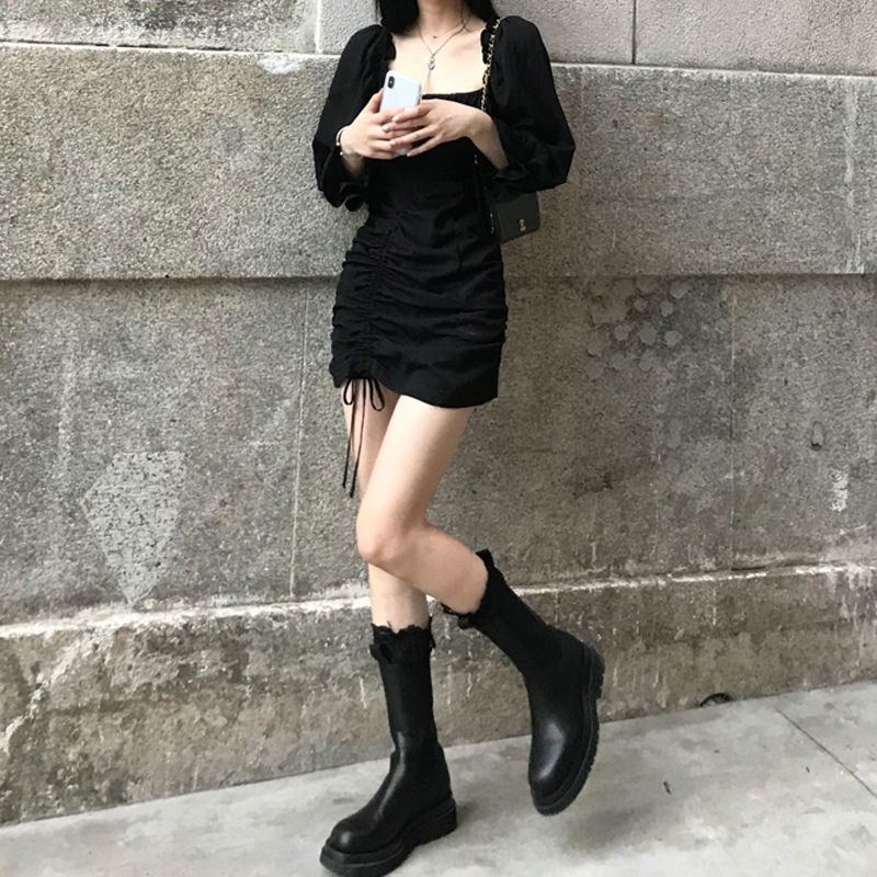 Đầm ôm tay dài cổ vuông thiết kế dây rút xinh xắn thời trang phong cách Hàn Quốc | BigBuy360 - bigbuy360.vn