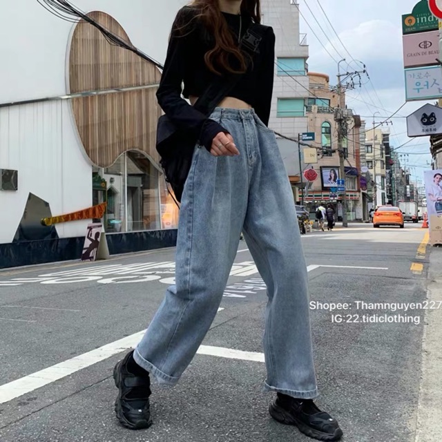 Quần ulzzang jean ống suông có bigsize / Quần ống rộng có móc cài eo Quảng Châu | BigBuy360 - bigbuy360.vn