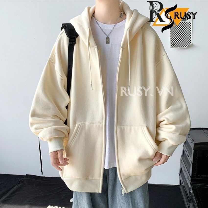 Áo khoác hoodie nỉ khoá zip tay phồng trơn unisex áo cặp cao cấp màu xanh rêu nón 2 lớp dày dặn tay bồng chất nỉ bông