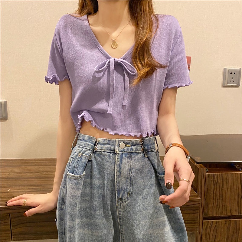 Áo Croptop Tay Ngắn Phối Nơ Màu Xanh Dương JL-TX-279