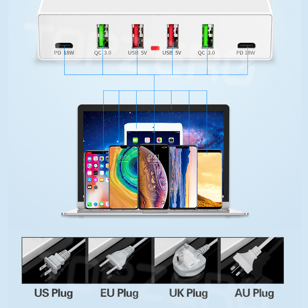 Củ Sạc Nhanh 72w 6 Cổng Usb 3.0 Type-C Pd