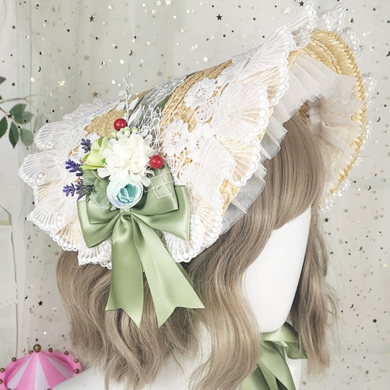 Mũ Rơm Che Nắng Phối Ren Hoa Và Ruy Băng Phong Cách Lolita Cổ Điển Thanh Lịch Ngọt Ngào
