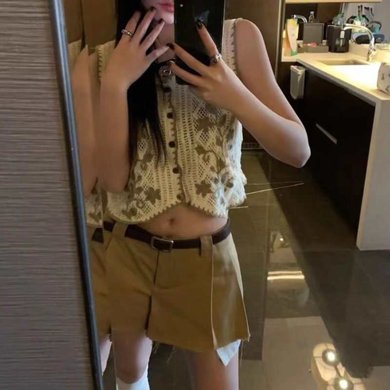 Áo Croptop Dệt Kim Không Tay Cổ Chữ V Dáng Rộng Thêu Hoa Phối Nút Thời Trang Cho Nữ