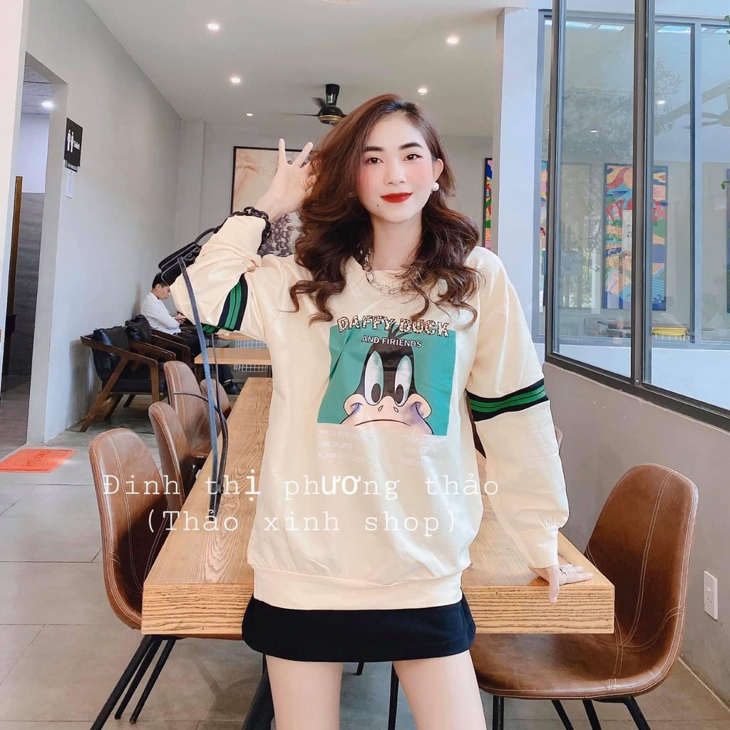 Áo Hoodie nữ dáng rộng chất umi - Áo nữ in hình vịt tay sọc thời trang - CM Shop