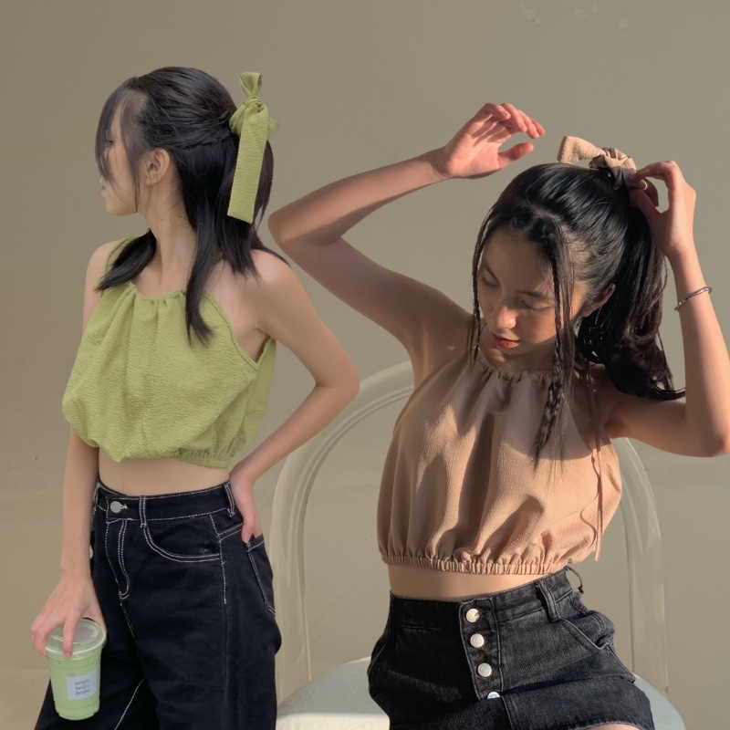 Áo 2 dây nữ cổ yếm buộc dây dáng ngắn tặng kèm băng đô LOLLIE STUDIO TKA290
